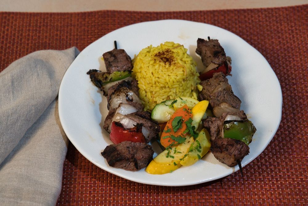 Charbroiled beef kebobs for Father's Day dinner at Phoenician Garden Fresno