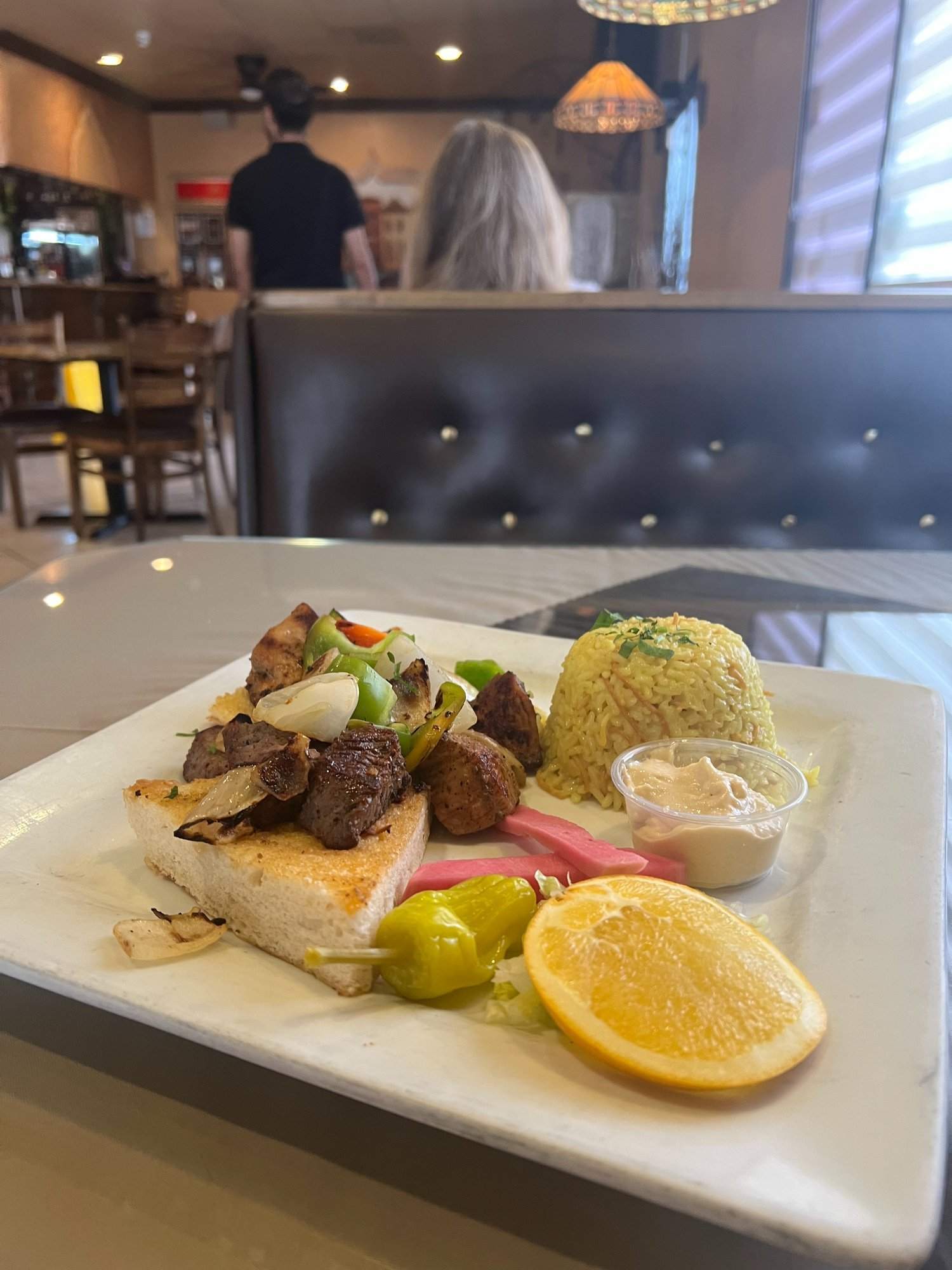 Combo Kebobs Family-Style with beef and chicken kebobs