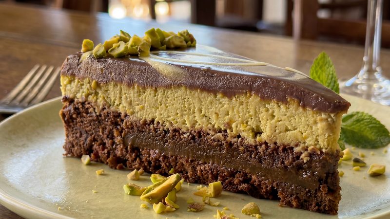 Dubai-style chocolate torte with kunafa, pistachio, and tahini swirl