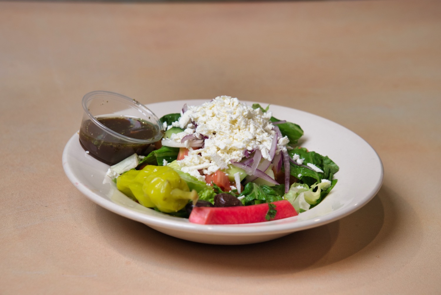 Greek salad with feta cheese and Kalamata olives at Phoenician Garden Fresno