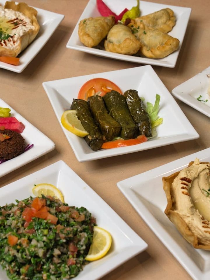 Family Mezza appetizer spread at Phoenician Garden Mediterranean restaurant in Fresno