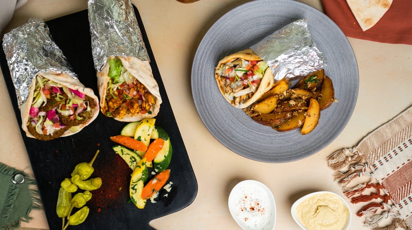 Falafel and seasoned chicken wraps with grilled vegetables, alongside a plate with roasted potatoes, tzatziki, and hummus at Phoenician Garden in Fresno