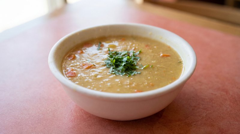 House-made lentil soup served in a bowl