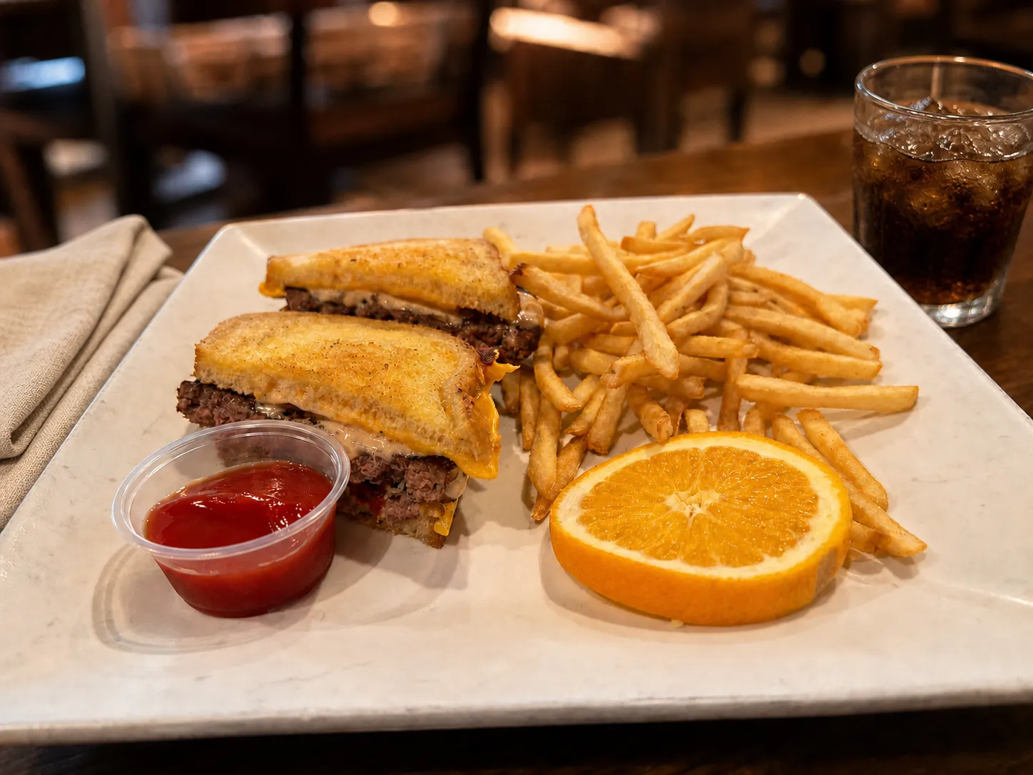 The Phoenician Burger on toasted sourdough with melted cheese, served with fries at Phoenician Garden in Fresno
