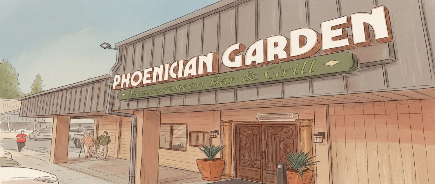Hand-drawn illustration of The Phoenician Garden&rsquo;s front entrance with a warm-toned facade, people entering, and the restaurant name clearly visible.